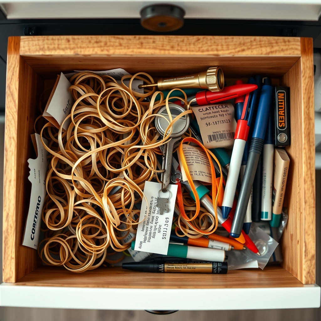 An open kitchen junk drawer packed with rubber bands, a lone key, dead pens, takeout menus, and loose batteries, with no scissors in sight.