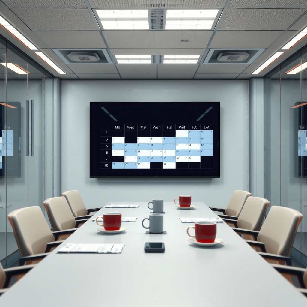 An empty glass-walled conference room with a wall screen displaying a calendar completely filled with overlapping meeting blocks.