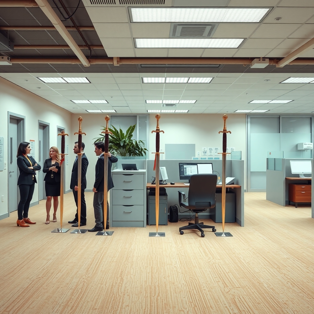 Office workers in business casual stand at attention in a cubicle farm, each holding a ceremonial sword upright, as a lanyard-wearing manager looks on.
