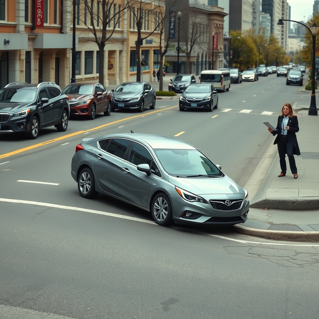 Szary sedan stoi krzywo w miejscu przy krawężniku, w którym zmieściłyby się dwa autobusy, a za nim czeka sznur aut. Trzech sędziów z podkładkami do pisania obserwuje wszystko z chodnika.