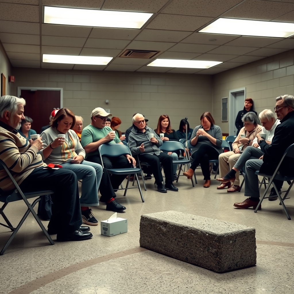 A circle of somber adults in folding chairs in a church basement, with a single concrete curb segment sitting alone in the corner beside a box of tissues.