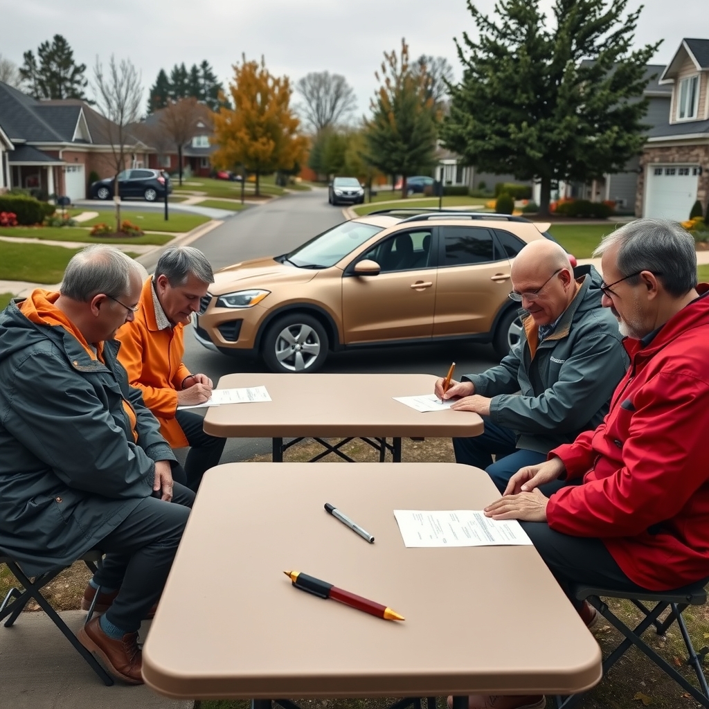 Neighborhood delegates sign a treaty at a folding table in a cul-de-sac as a crossover SUV sits parked crookedly at the curb behind them.