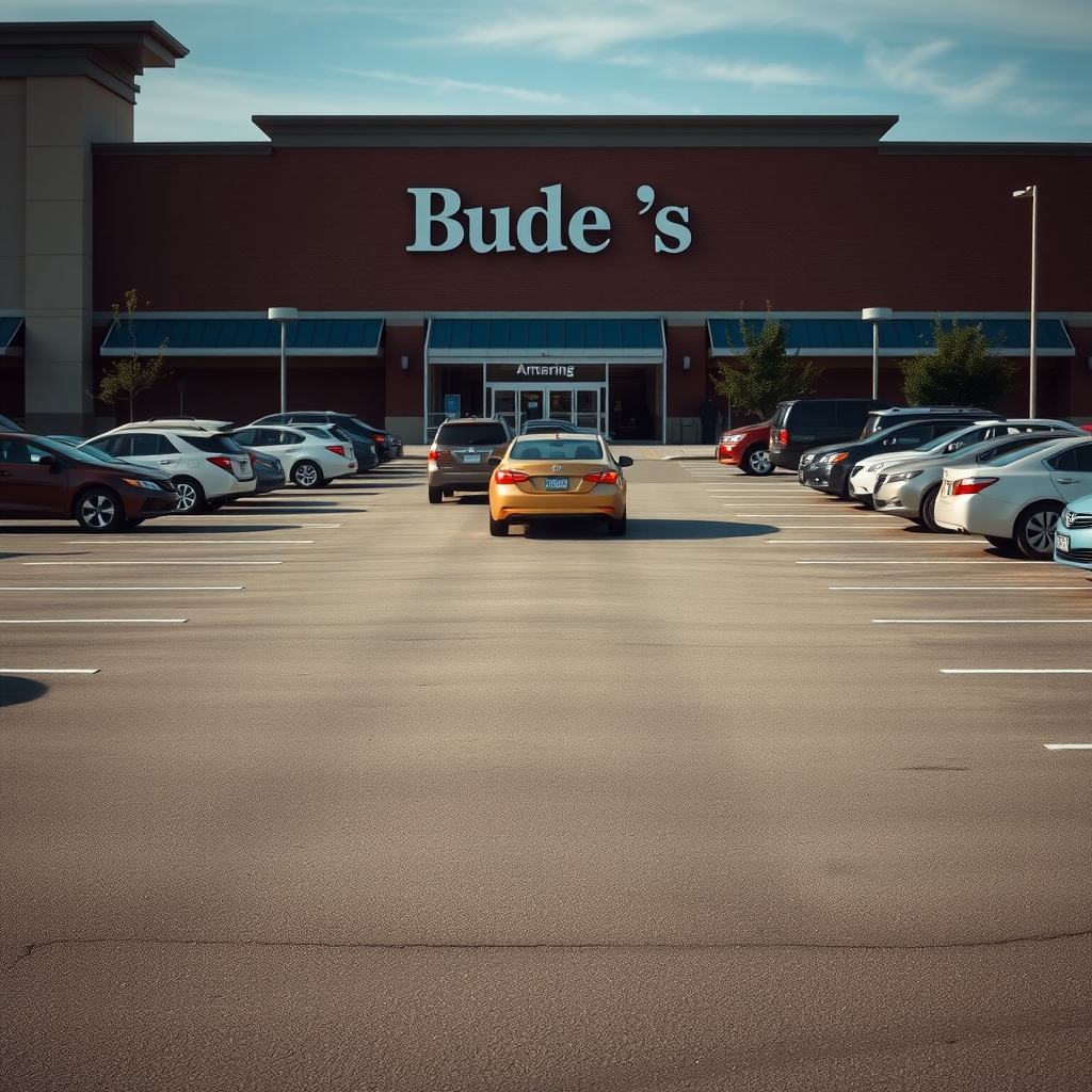 A single empty parking space in front of a store entrance as a sedan drives away toward the far rows of a packed lot.