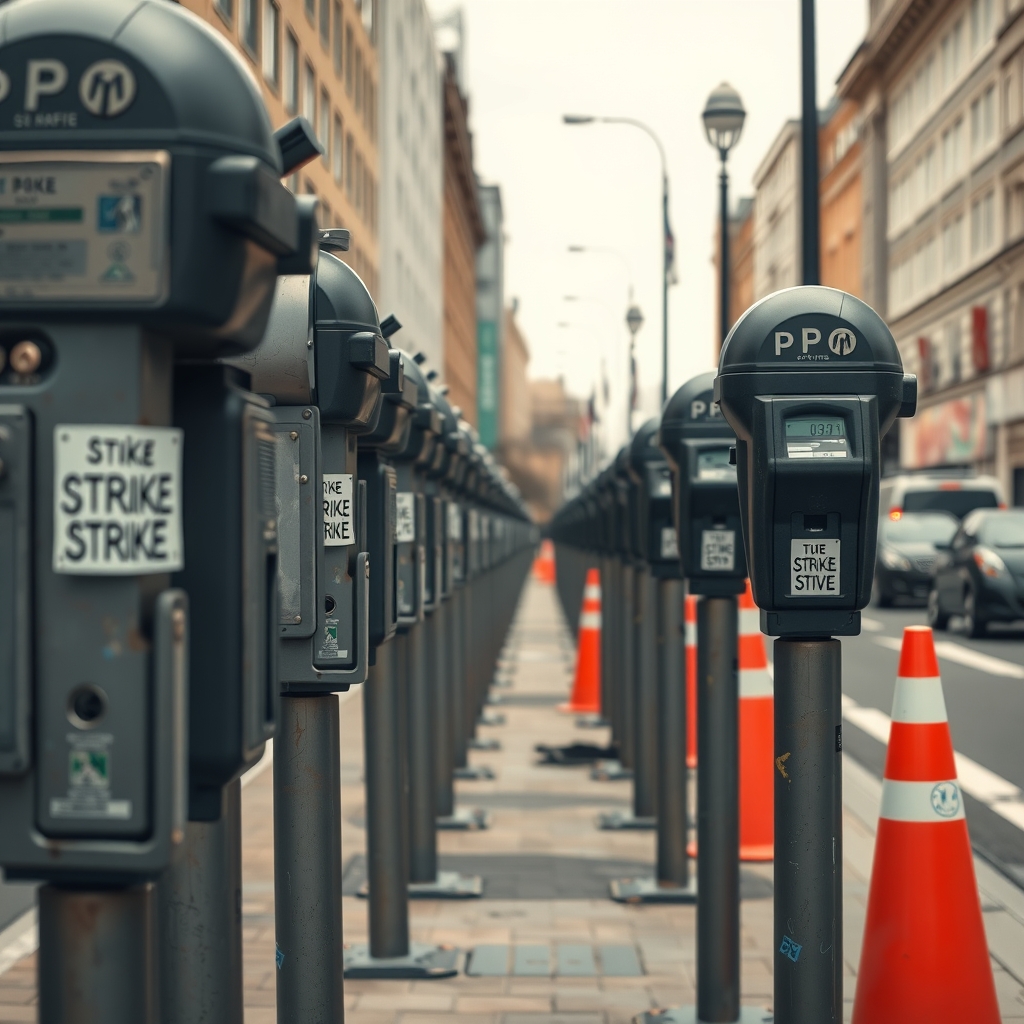 A row of parking meters on a city sidewalk, each with a small picket sign taped to its pole.