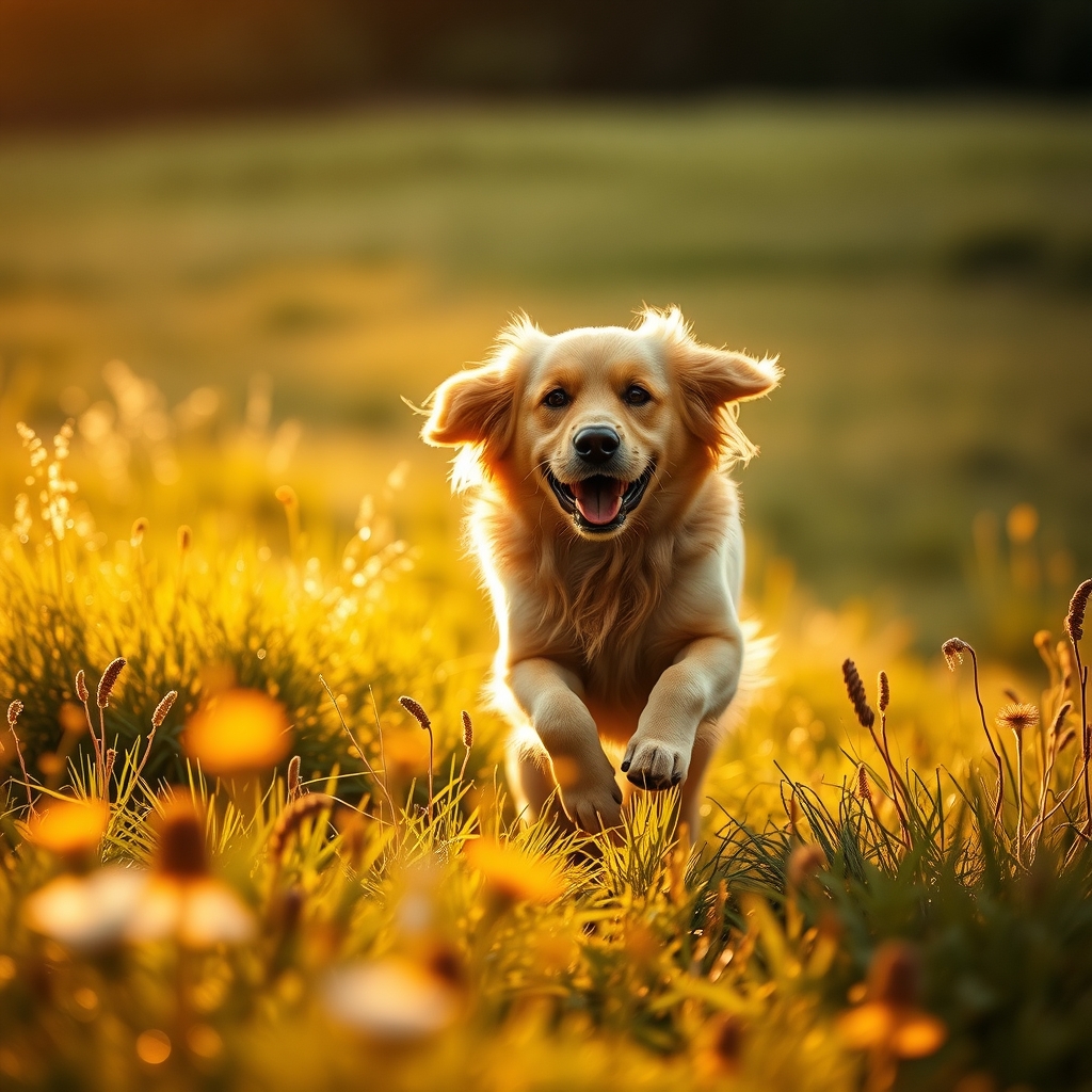 A golden retriever bounds through a sunlit field of wildflowers at golden hour.