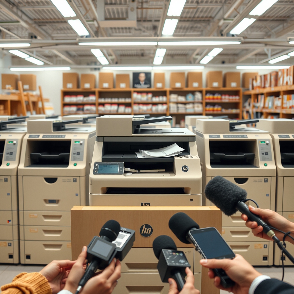 A row of beige office printers behind a podium bristling with microphones, one with its paper tray ajar and a crumpled sheet protruding.