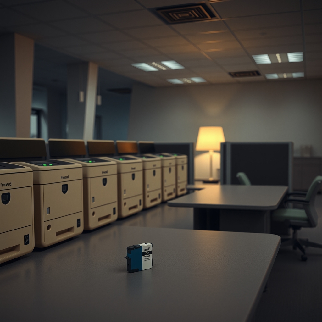 A row of office printers glowing with green status lights in a dim office, a single cyan ink cartridge placed before them like a memorial.