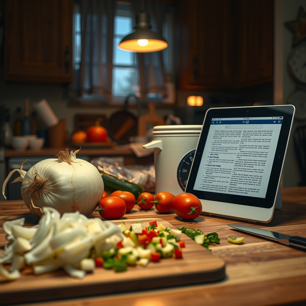 A messy kitchen counter with half-chopped onions and uneven vegetables beside a propped-up tablet displaying a very long scrolling recipe page.