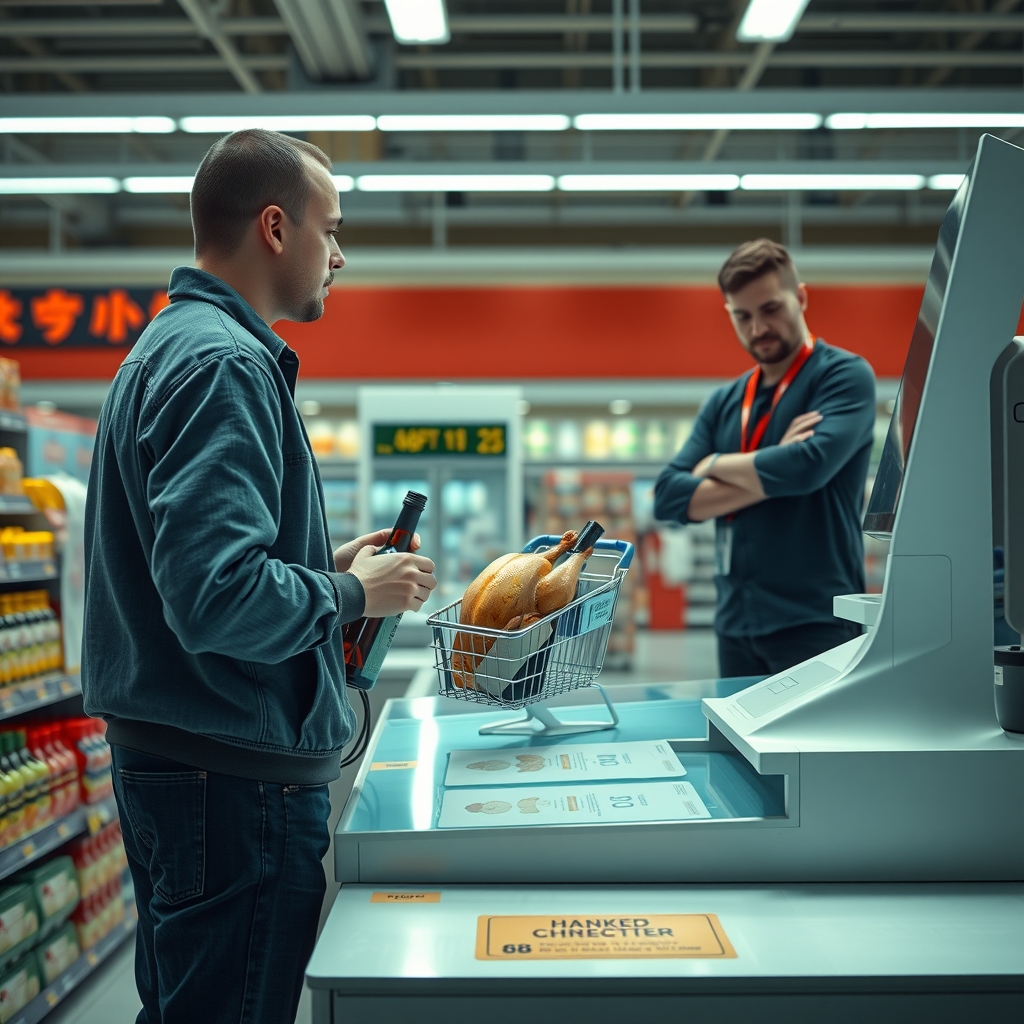 A shopper at a self-checkout kiosk holding a rotisserie chicken and a bottle of wine while a lanyard-wearing attendant stands uncomfortably close behind them.