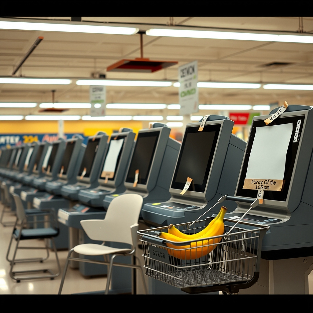 A row of supermarket self-checkout kiosks with blank picket signs attached, a banana sitting alone on one bagging scale.
