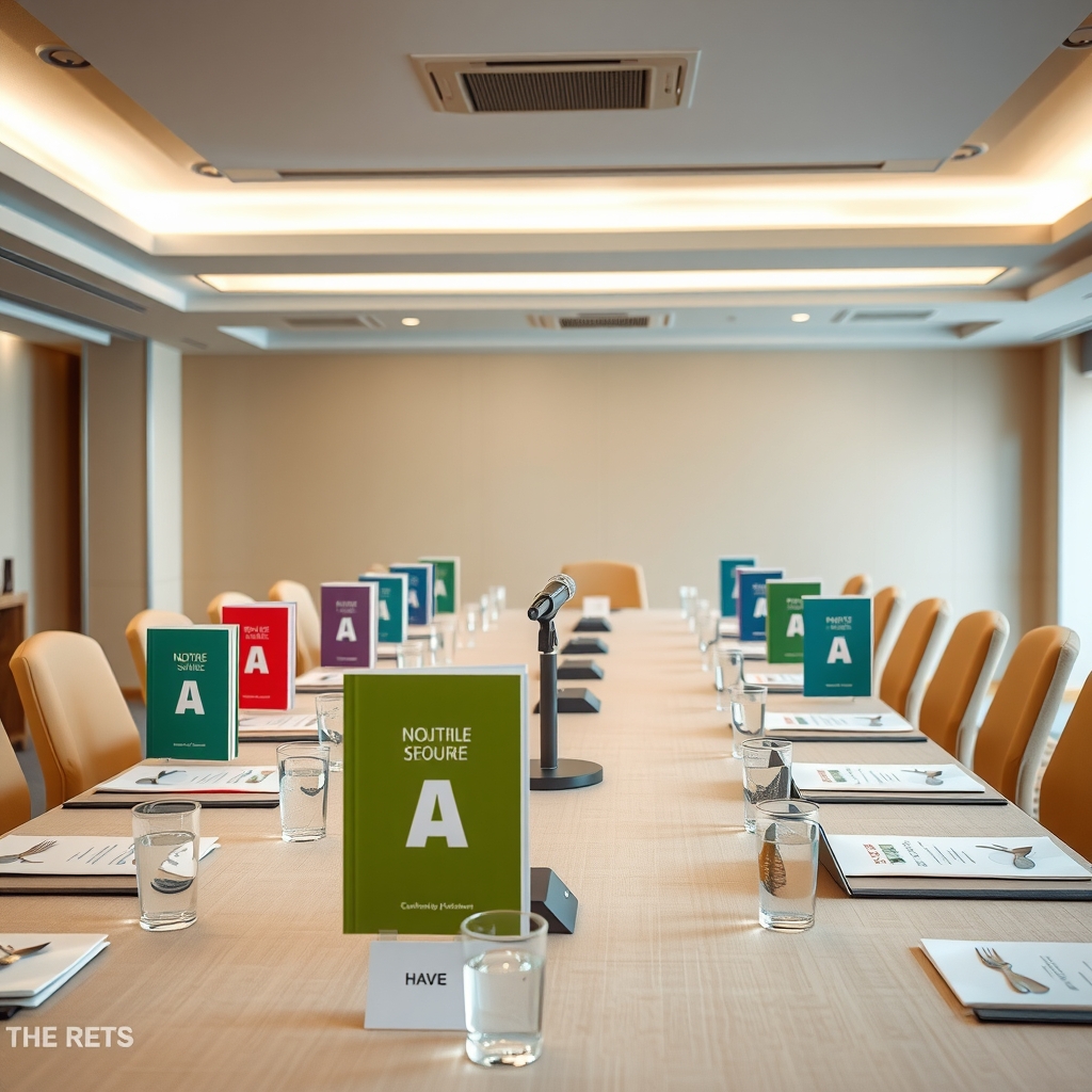 A conference table where a dozen brightly colored self-help books sit upright at place settings with microphones and water glasses, as if attending a press briefing.