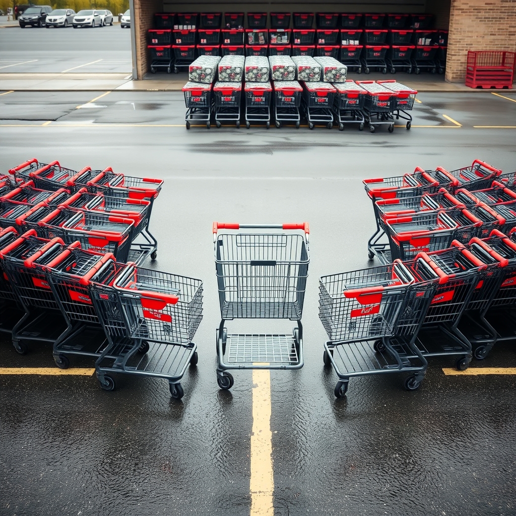 A semicircle of shopping carts in a damp parking lot faces one cart whose front wheel sits at a visible angle.