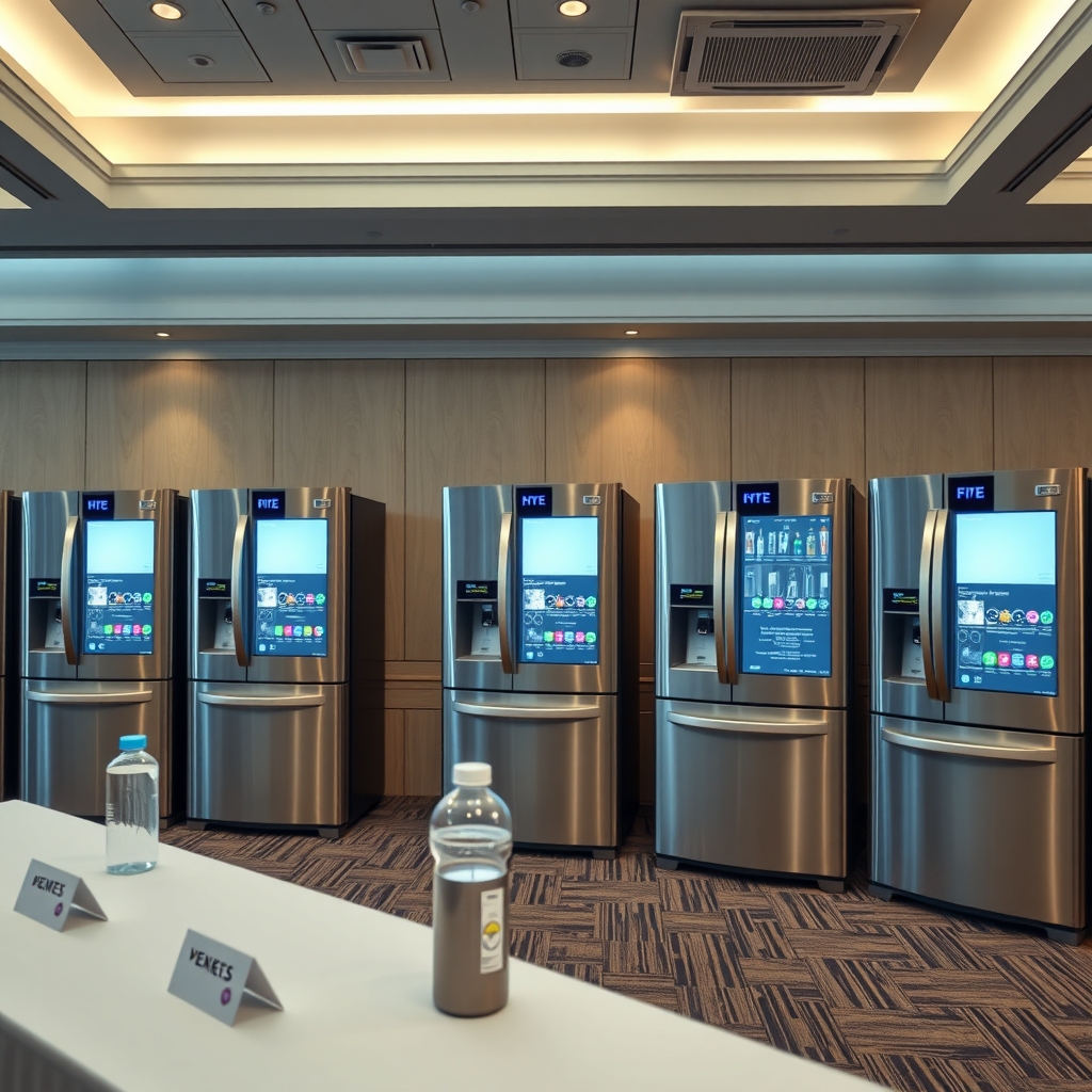 A row of stainless steel smart refrigerators with lit touchscreens arranged in a semicircle inside a hotel conference ballroom.