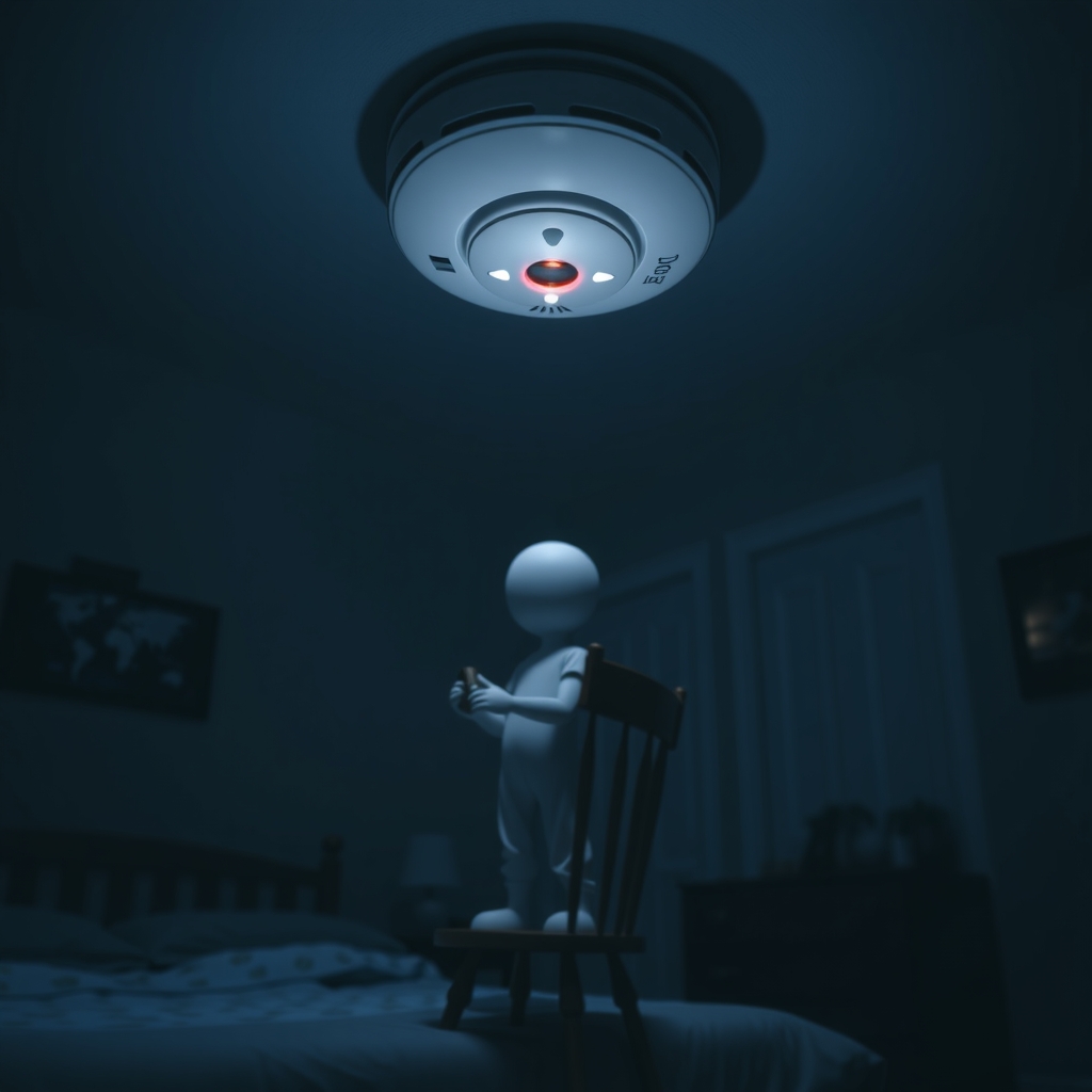 A smoke detector glows red on a dark bedroom ceiling as a sleepy person in pajamas stands on a chair below it holding a nine-volt battery.