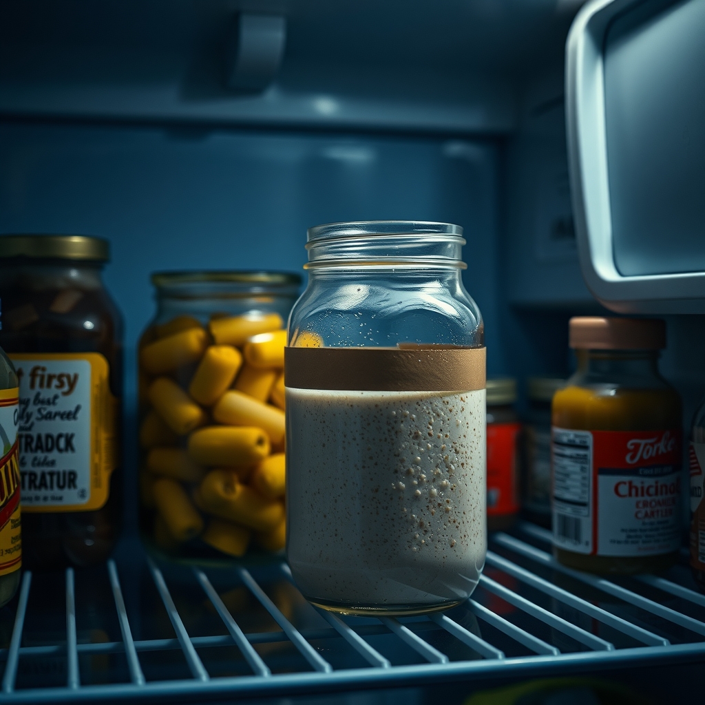 A jar of bubbly sourdough starter sits at the back of a crowded refrigerator shelf behind pickles and condiments, a strip of masking tape on its side.