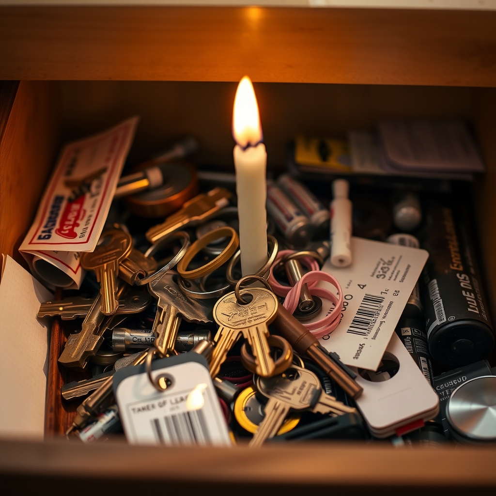 An open kitchen junk drawer containing a jumble of unlabeled keys alongside rubber bands, batteries, and a birthday candle.