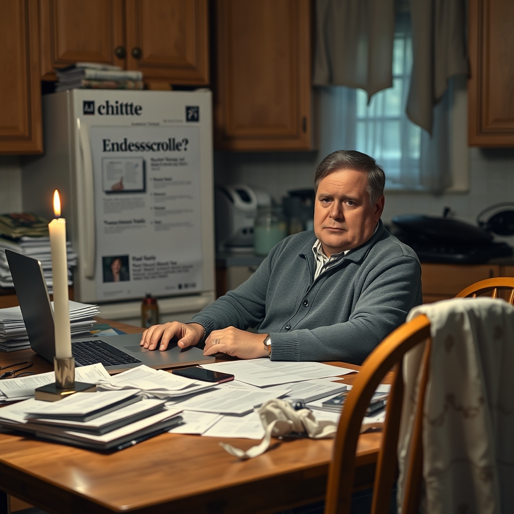 A weary man in a cardigan sits at a kitchen table beside stacks of printed pages and a small baptismal gown, staring at a laptop with a very long scrollbar.