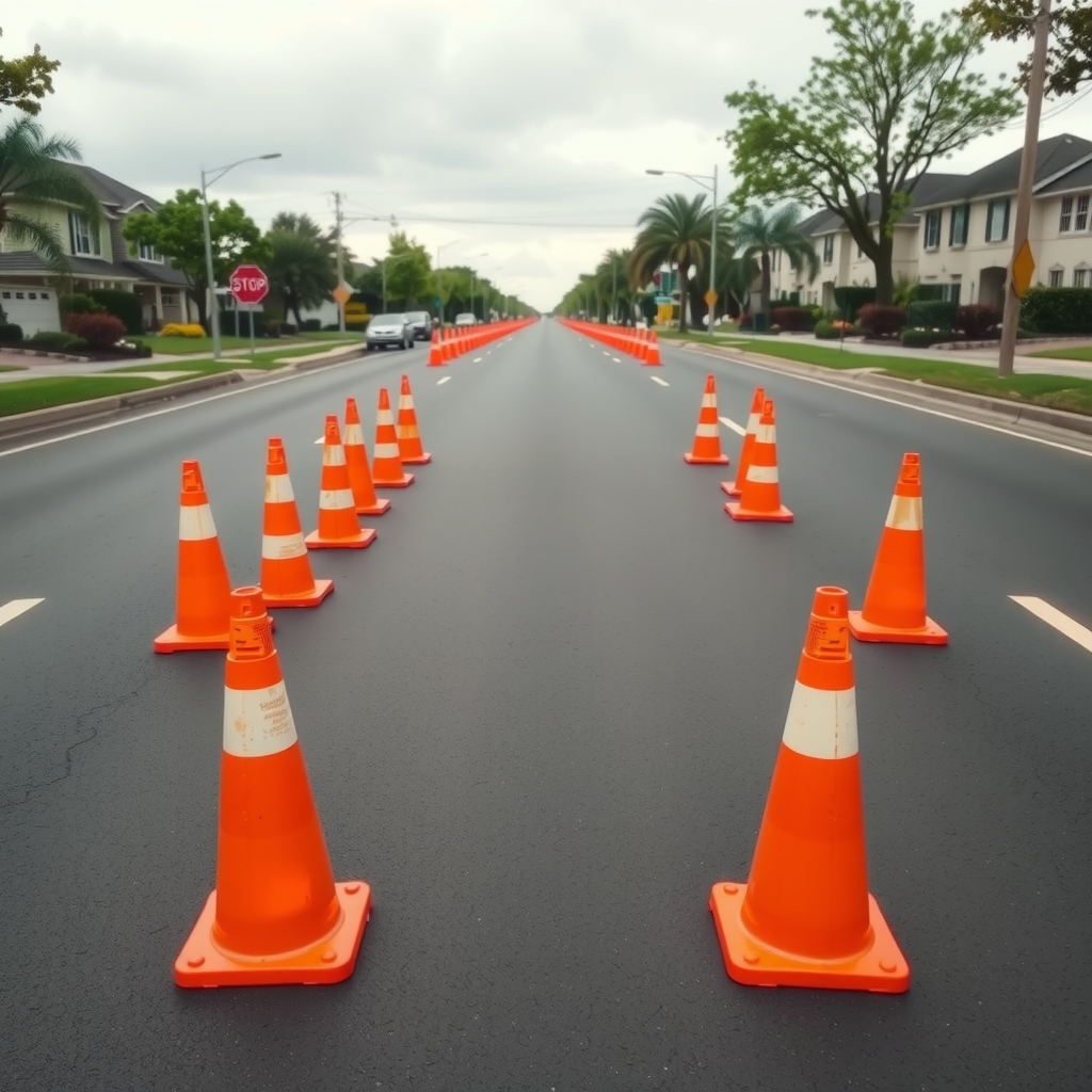 A neat rectangle of orange traffic cones surrounding a smooth, unbroken patch of empty asphalt on a quiet road.