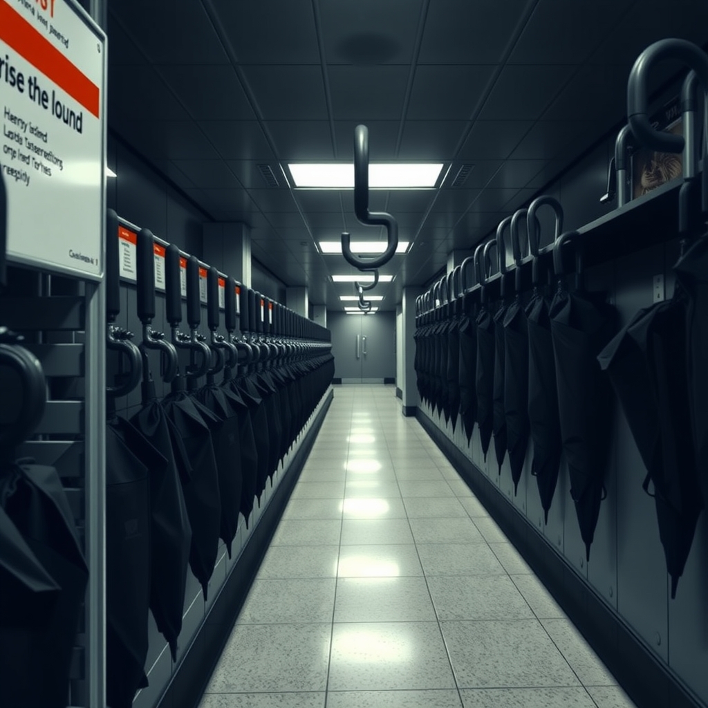 Dozens of folded umbrellas arranged on a shelf in a train station lost-and-found office, with one empty hook at the far end.