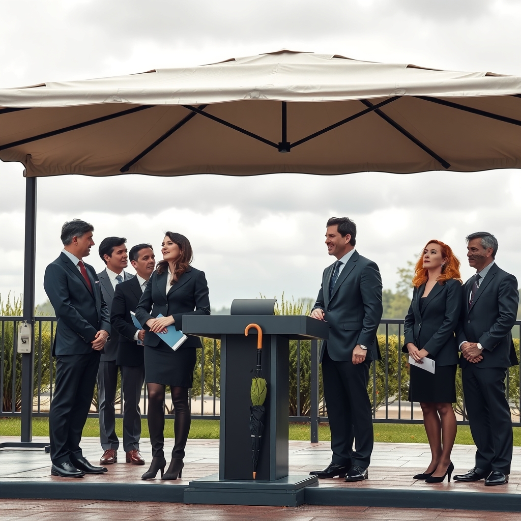 Several meteorologists in blazers stand uneasily at a podium beneath an awning, exchanging sideways glances under a gray sky.