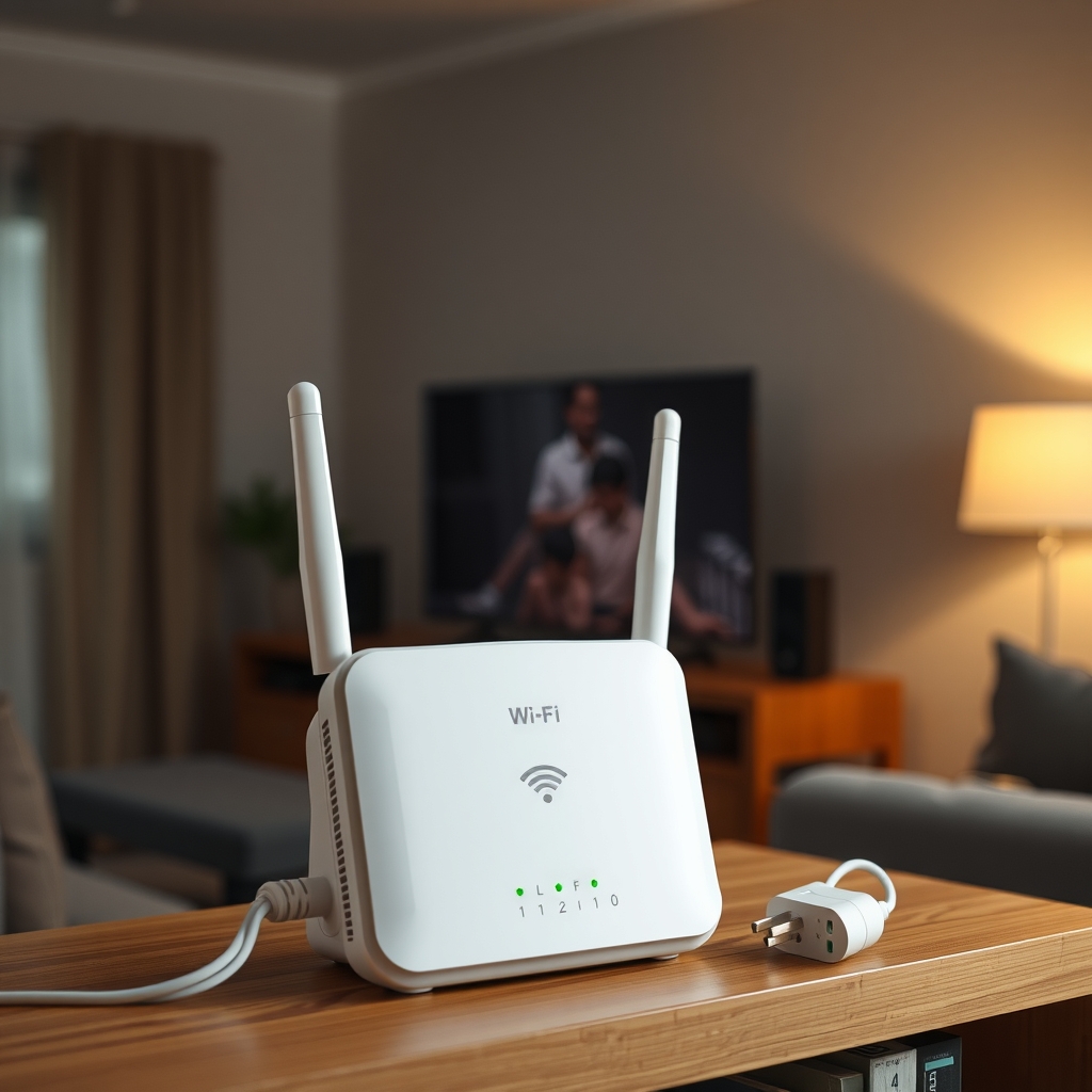 Domowy router Wi-Fi na półce z książkami, z odłączonym kablem zasilającym, a za nim nieostro świecący telewizor.