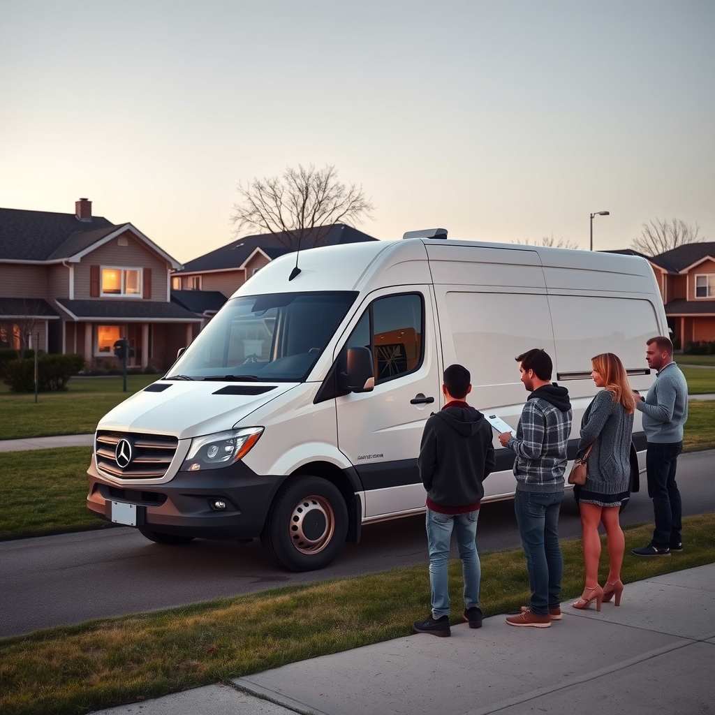 A white cargo van parked on a quiet suburban street while three neighbors stand on a lawn nearby, studying it intently.