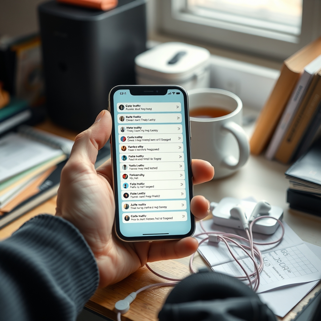 A person's hands hold a smartphone whose lock screen is buried under dozens of stacked notification banners, beside a cold cup of tea.