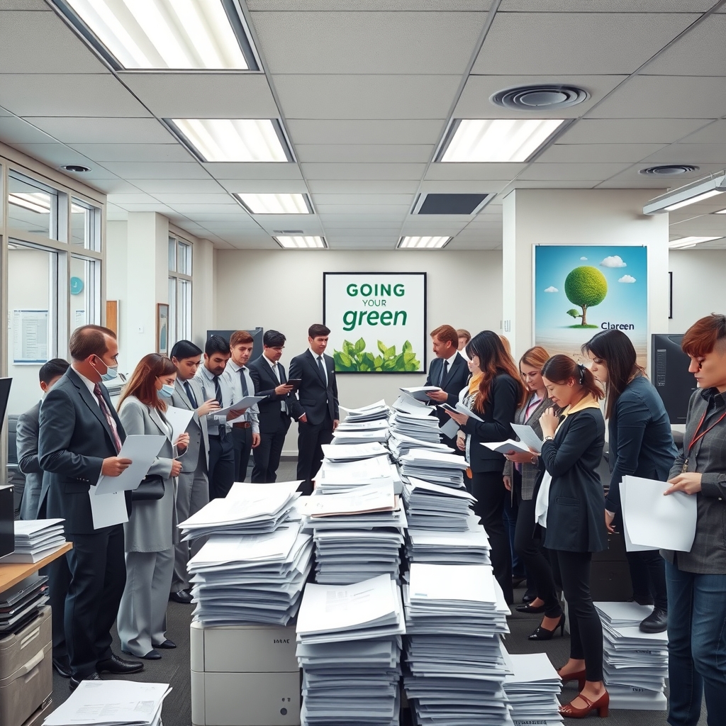 Office workers queue with stacks of printed paper beside a jammed copier, beneath a poster promoting sustainability.