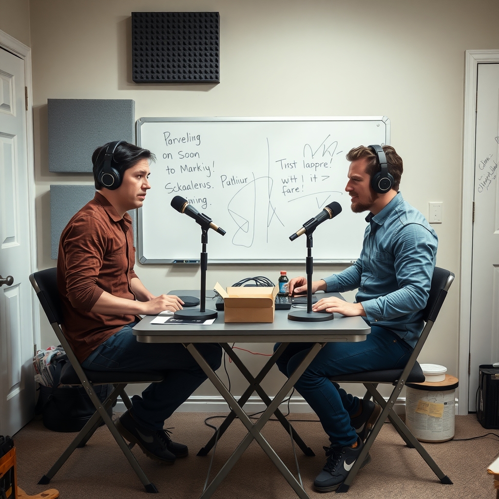 Dwoje prowadzących podcast w słuchawkach siedzi przy zagraconym składanym stole w wolnej sypialni, przed nimi mikrofony, a za nimi na wpół zamontowane panele akustyczne i zapisana markerem tablica.