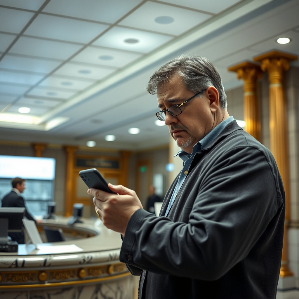 Klient w holu banku nerwowo wpatruje się w telefon przed wypolerowanym stanowiskiem kasjera.