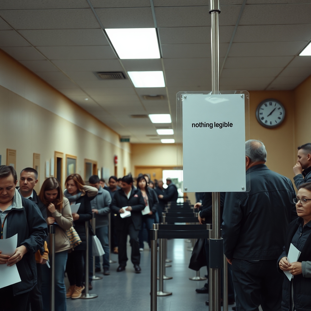 A long line of tired customers in a beige DMV waiting area, queued behind a stanchion topped with a freshly laminated sign.