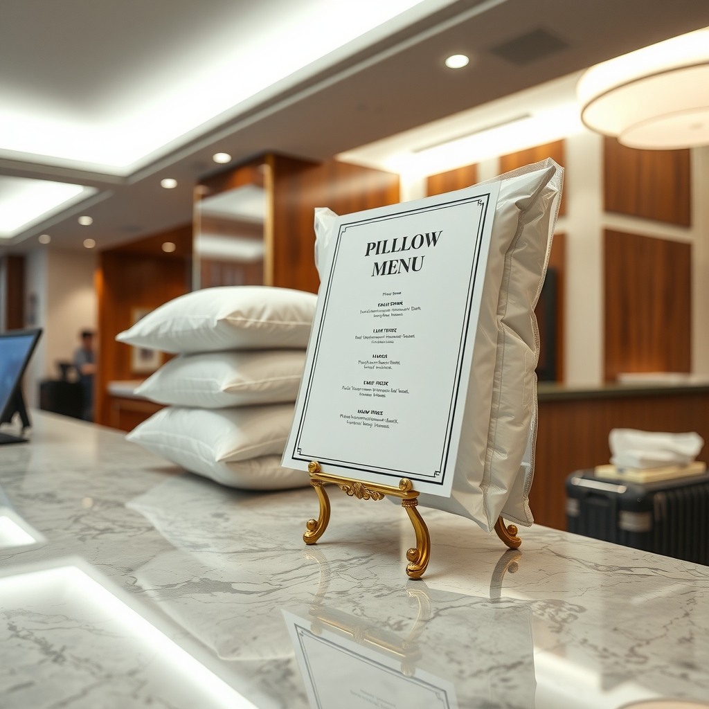 Zalaminowane menu poduszek stoi na hotelowej recepcji obok stosu identycznych, lekko oklapniętych białych poduszek.