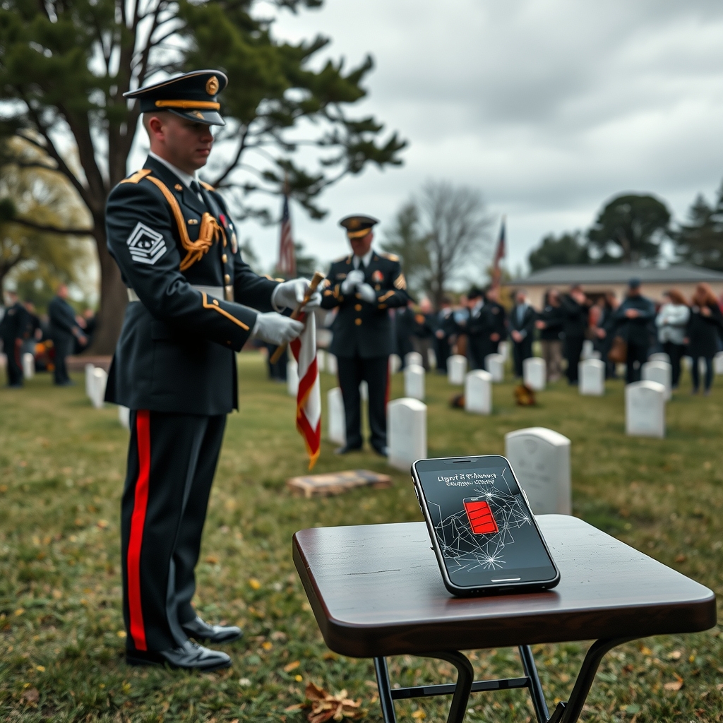 An honor guard stands at attention beside a folding table bearing a single smartphone showing a red low-battery icon, as a bugler plays in a cemetery.