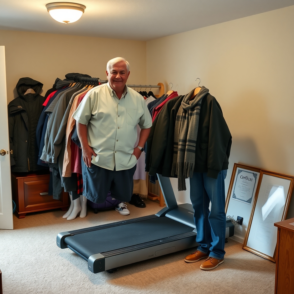 A man stands beside a home treadmill buried under a heap of jackets and coats in a carpeted bedroom.