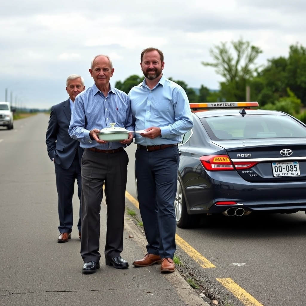 A man holding a ceremonial key and a casserole dish stands on the shoulder of a rural road beside three council members, his sedan parked behind him with its hazard lights blinking.