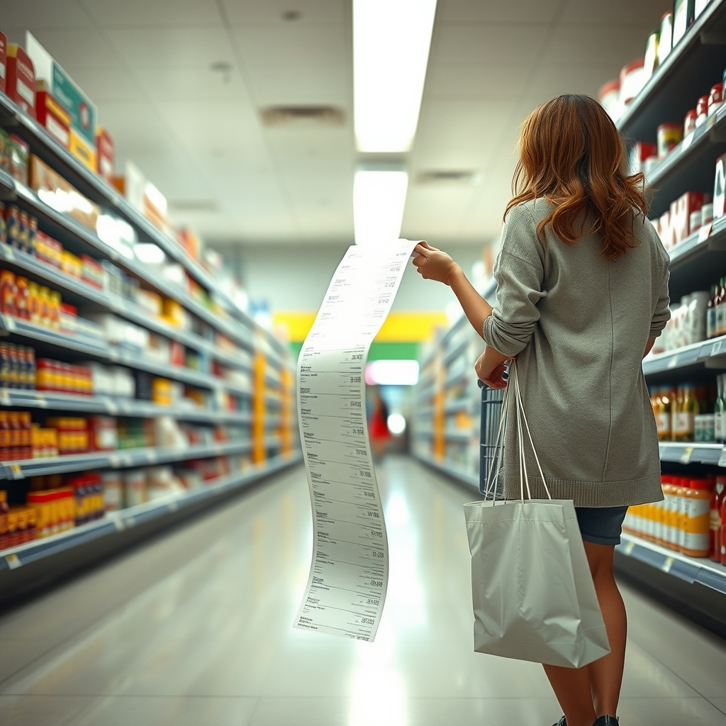 A shopper in a pharmacy aisle holds a receipt so long that it pools on the floor and trails off down the aisle.