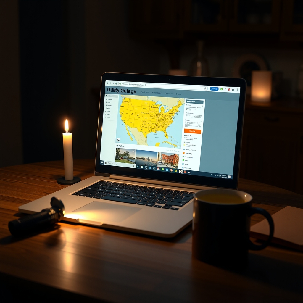 A laptop on a candlelit kitchen table displays a utility outage page where the whole map has been replaced by a giant yellow shrug emoji.