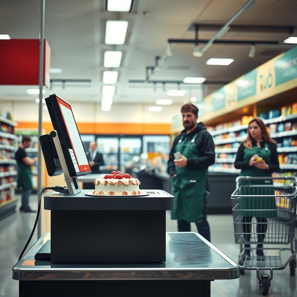 A self-checkout kiosk in a supermarket flanked by a sheet cake and a banner as employees in green aprons look on and a shopper holds an apple in the background.