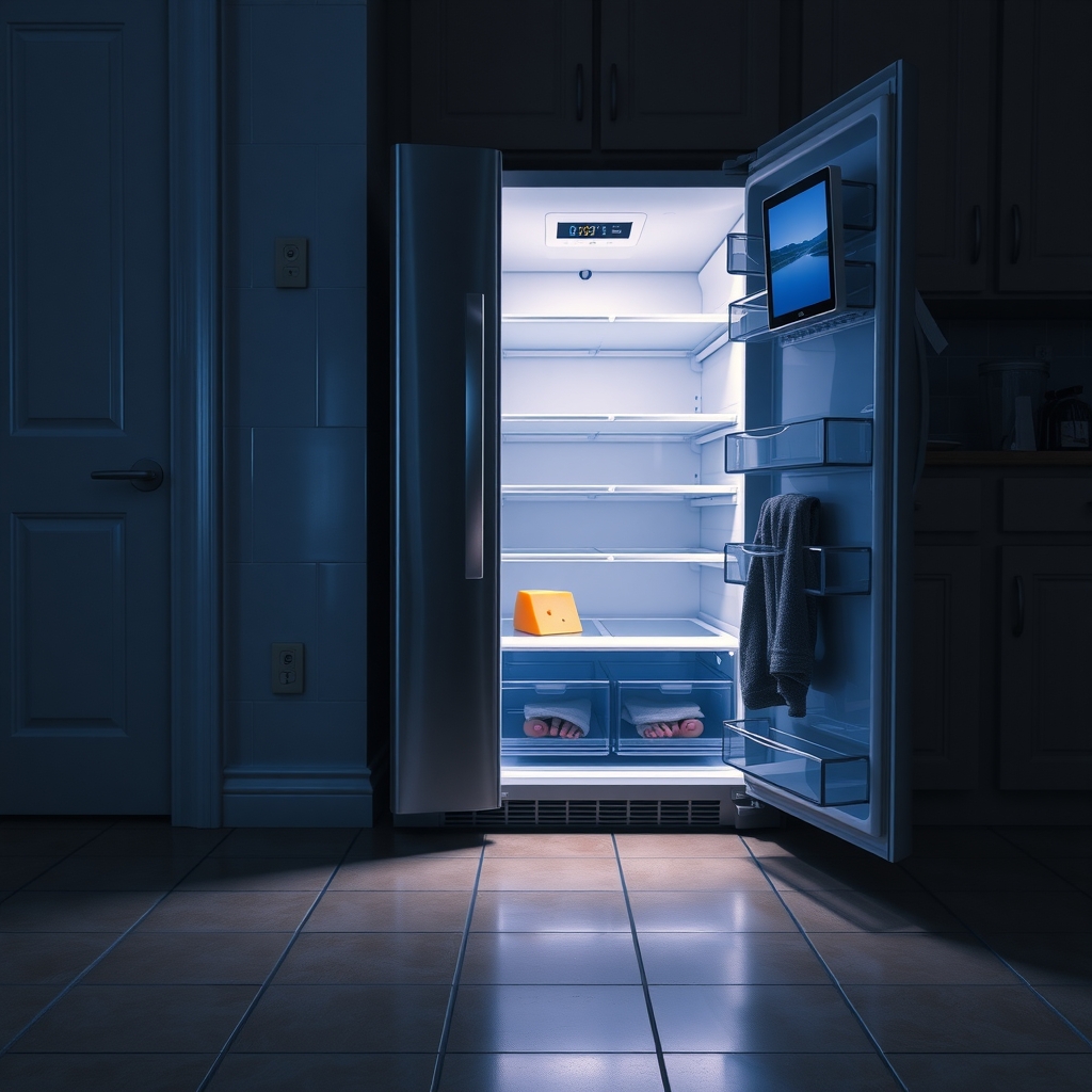 A stainless steel smart refrigerator with its door open in a dark kitchen at night, light falling on a person's bare feet and a lone wedge of cheese on a shelf.