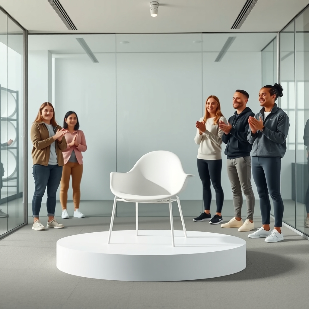 A sleek white chair sits alone on a small stage in a modern glass-walled office as employees applaud in the background.