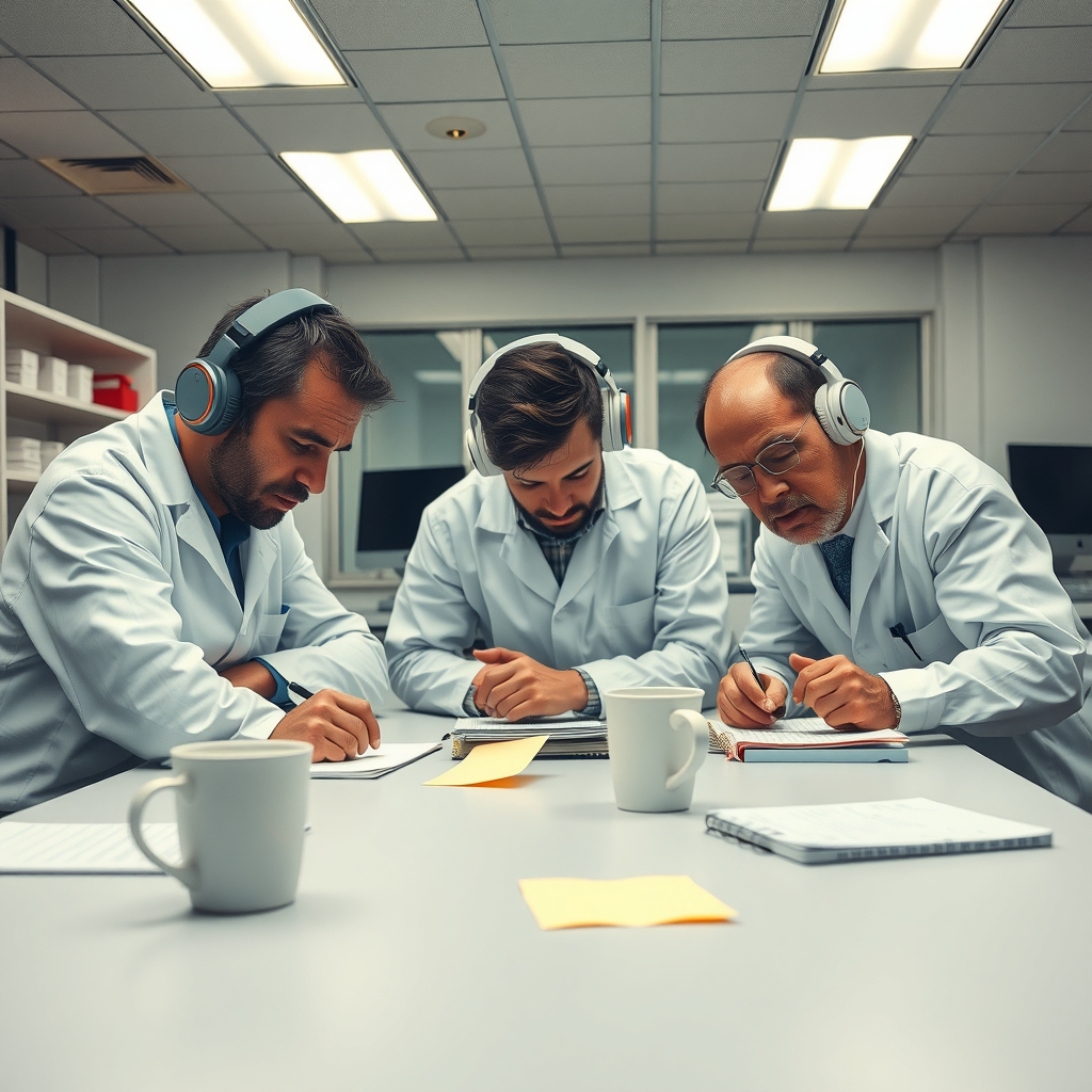 Three exhausted researchers in oversized headphones slump around a lab table littered with coffee cups and notepads.
