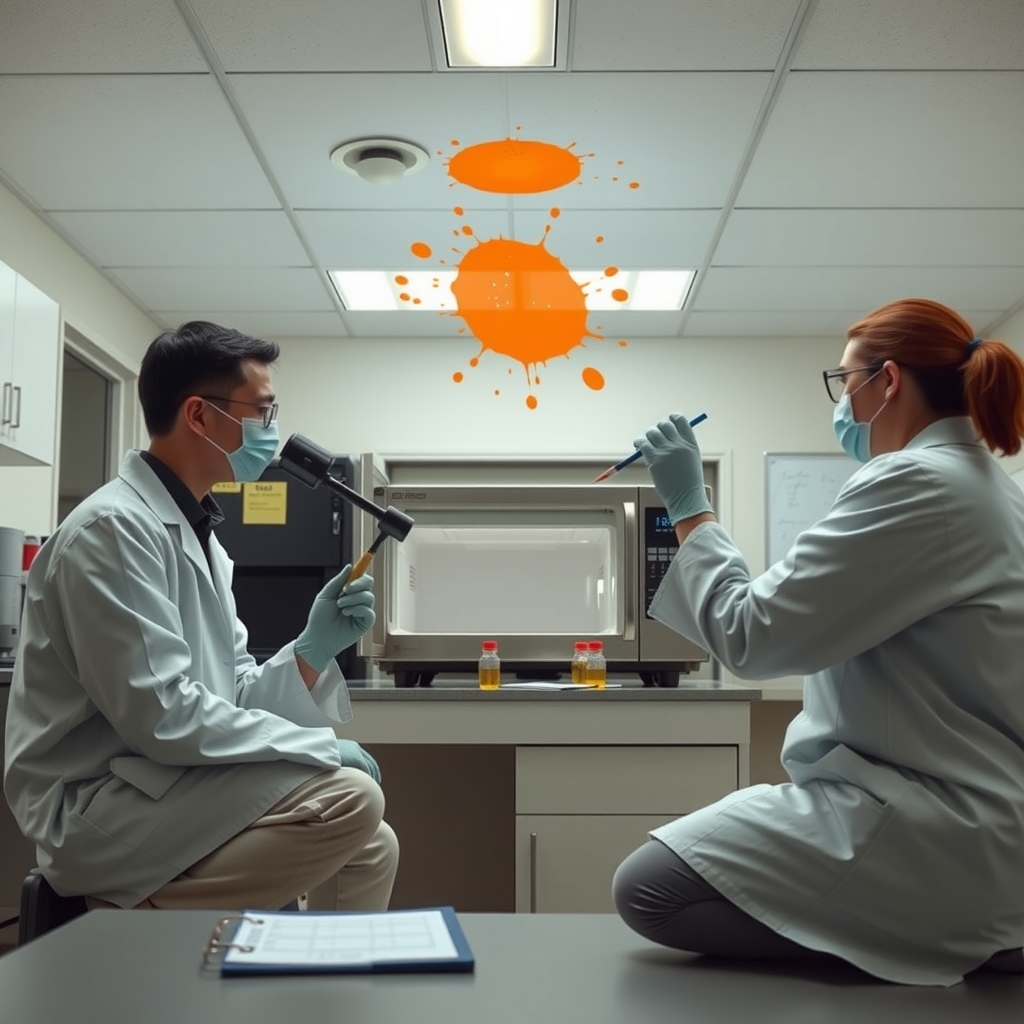 Two researchers in lab coats examine an old orange splatter inside an open office microwave with a brush and loupe.