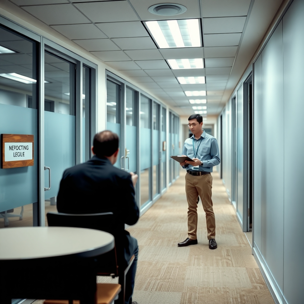 Two researchers with clipboards peer through frosted glass at the blurred silhouette of a man eating a sandwich in a corporate conference room.