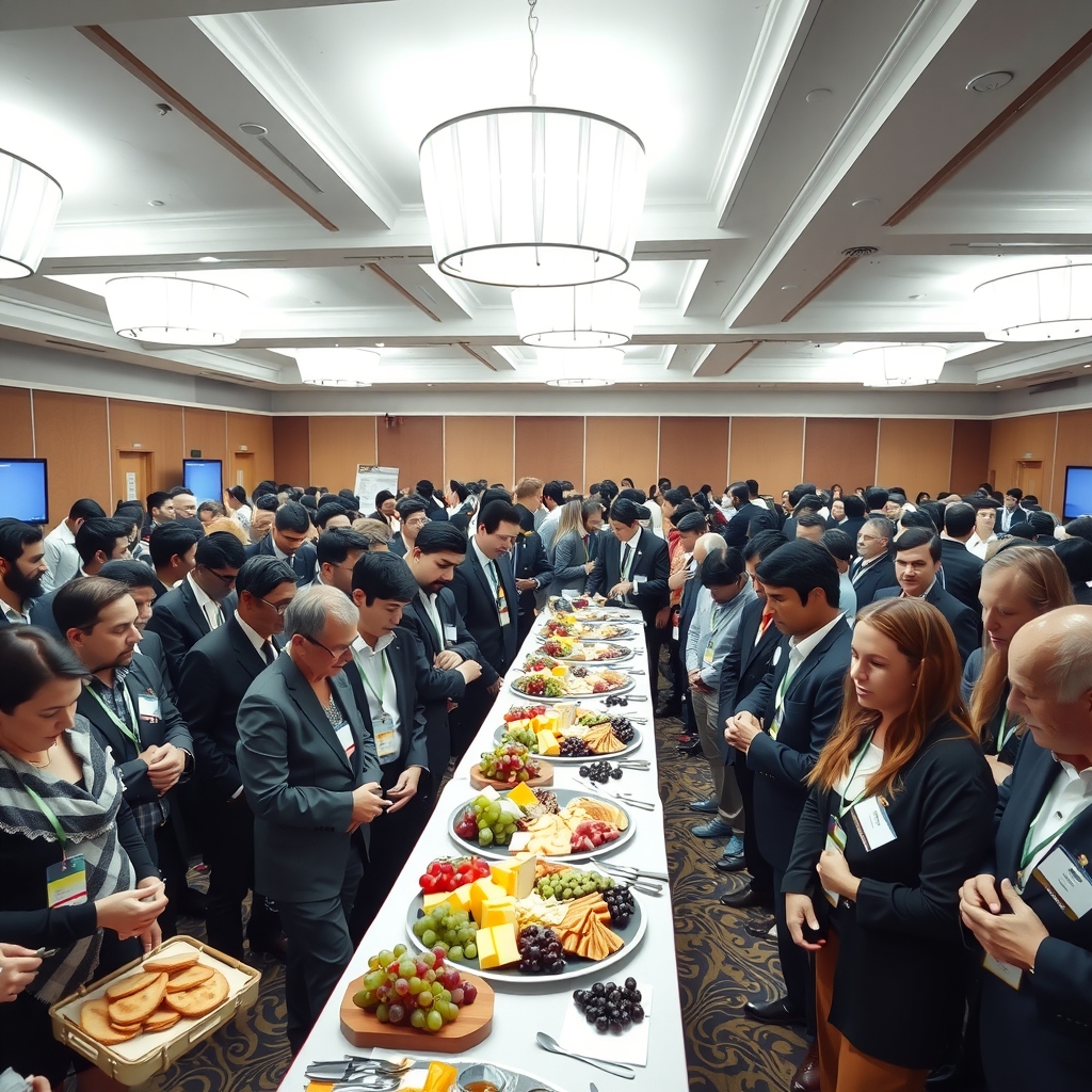 A crowd of professionals with name badges packed around a charcuterie board at a hotel conference reception while the rest of the room sits empty.