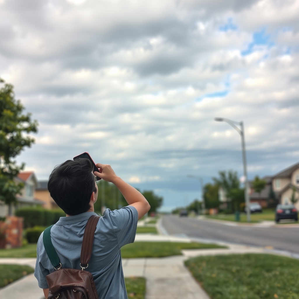 A pedestrian on a suburban sidewalk looks at a smartphone and then up at a mottled sky of gray clouds and blue patches.