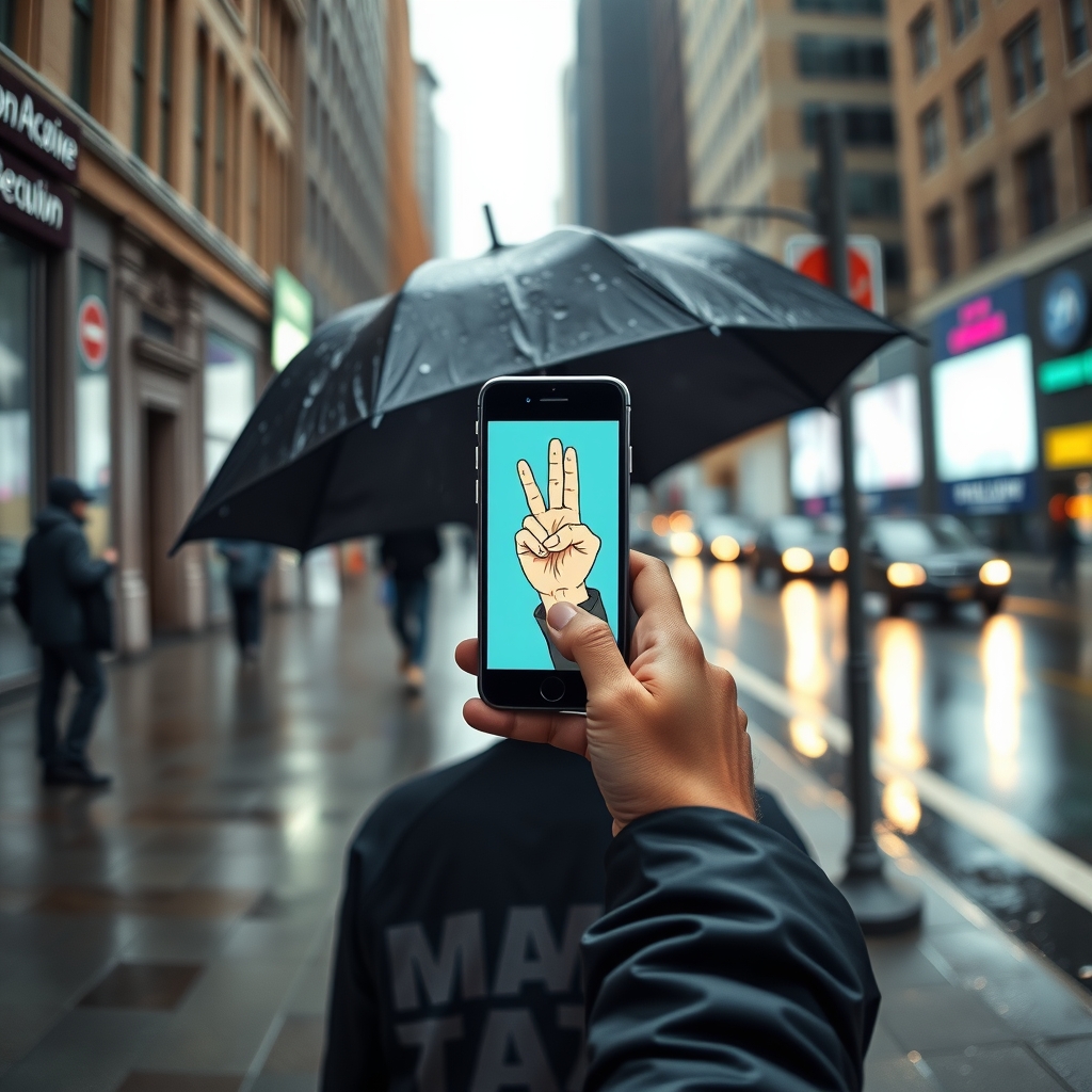 A pedestrian on a damp sidewalk studies a smartphone showing a single large hand gesture in place of a weather forecast.