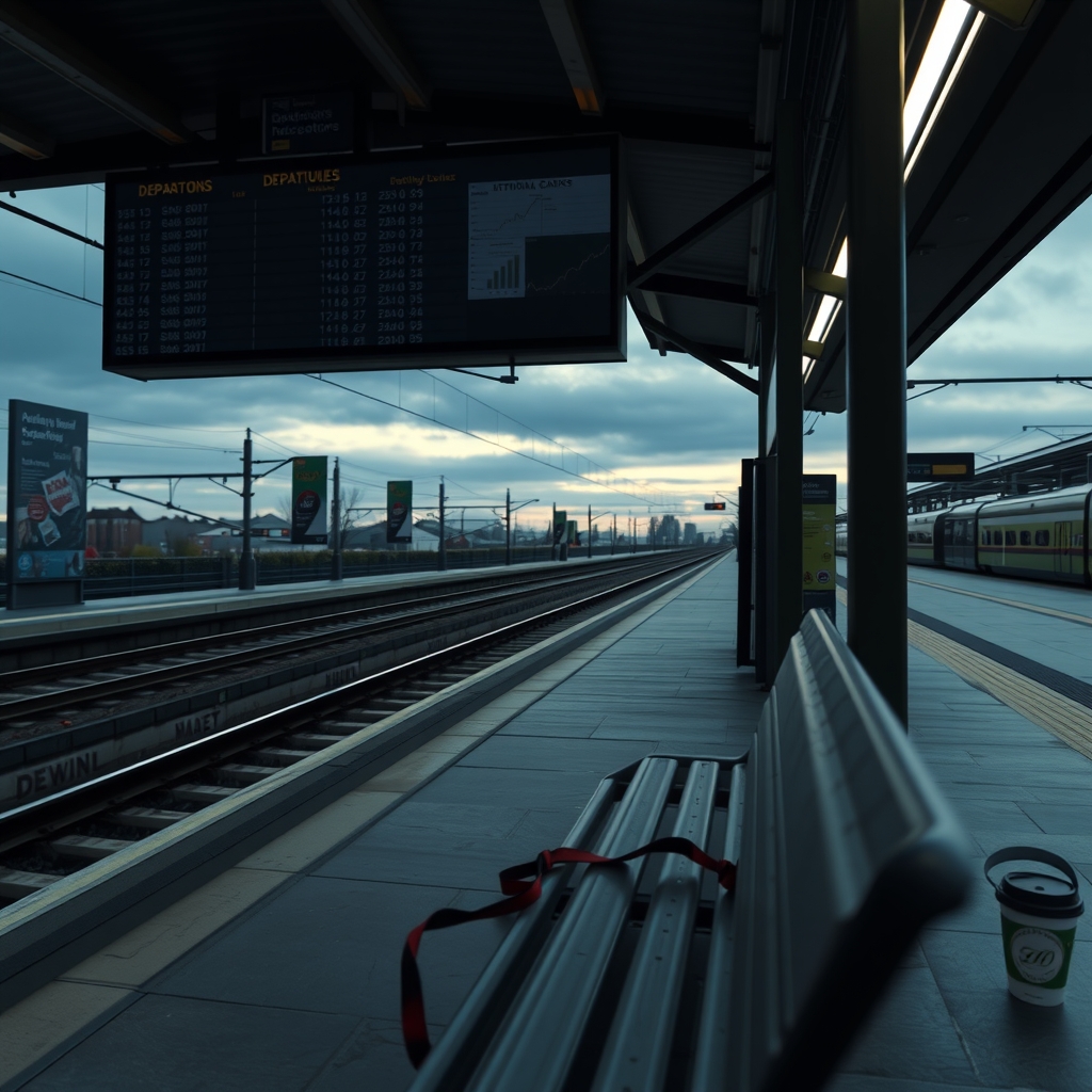 An empty train platform at dusk with a dark departures board, a lanyard and a paper coffee cup left on a bench.